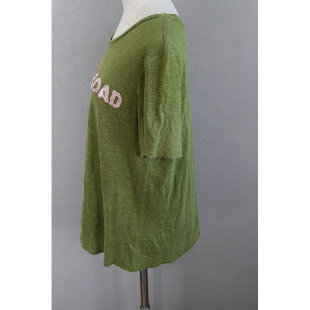 Tory Burch T-Shirt Medium Green Sequin Hit The Road Graphic Women Casual HOLE - Picture 2 of 6
